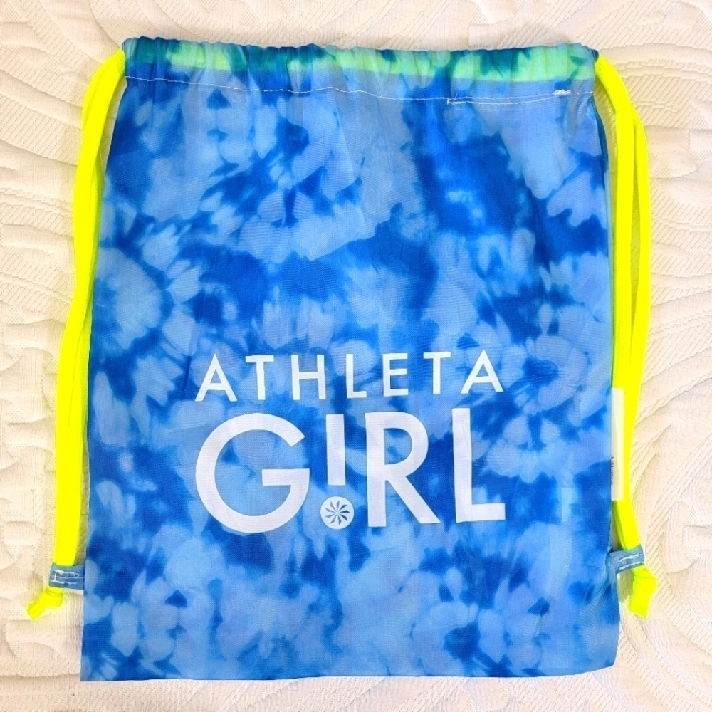 New Athleta Girl Blue Tie Dye Neon Yellow Drawstring Backpack Bag